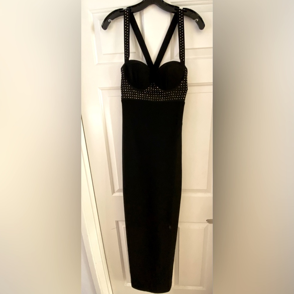Marciano. Black gown with silver stud detailing. Slit on the back